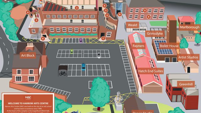 Illustrated site map of Harrow Arts Centre showing labeled buildings, parking areas, entrances, roads, and nearby landmarks including Elliot Hall, studios, and car parks.