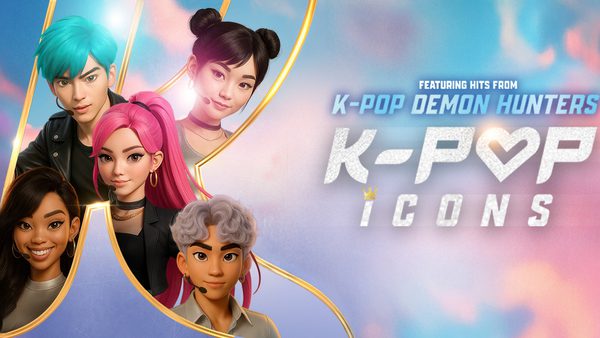 Banner image with white text 'K-Pop Demon Hunters, K-Pop Icons'. To the left is a large letter 'k' with images for 5 singers inside.
