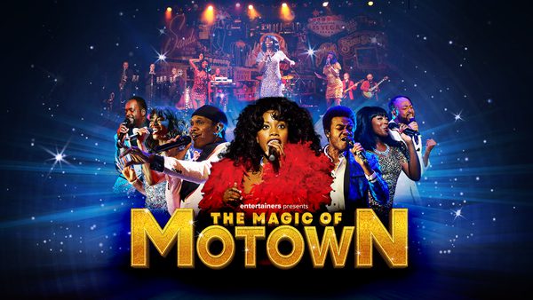 A navy background with 7 singers pictures in a line. The lead singer is wearing a feathered red top and a picture of a full band sits above her.