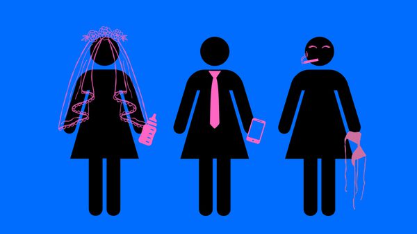 three 'stick women' on a blue background. Left wears a pink veil and holds a baby bottle. Middle wears a pink tie and holds a phone. Right blows a party whistle and holds a bikini top.