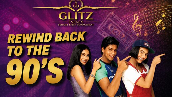 three singers from left to right: a lady in purple, man in blue and lady in cap and red top all point upwards while smiling. 'Rewind Back to the 90s' is displayed on the left in gold writing, on a purple background