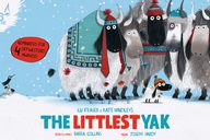 5 cartoon Yaks, wearing blue and red bobble hats and scarves. They look with googly eyes at the camera while huddled together in a snowy lanscape. The show title: The Littlest Yak is printed at the base.