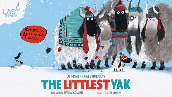 5 cartoon Yaks, wearing blue and red bobble hats and scarves. They look with googly eyes at the camera while huddled together in a snowy lanscape. The show title: The Littlest Yak is printed at the base.