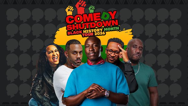 Comedians Shabz Kariem, Nancy Macdonald, Travis Jay, Eddie Kadi and Richard Blackwood, pose in front of a black pattern background., with silhuettes of a lady. 'Comedy Shutdown, Black History Month Special' is displayed in large red letters with BLM fists at the top of the image