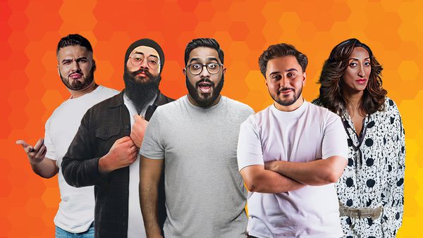 Comedians Muhsin Yesilada, Preet Singh, Shazia Mirza, Kae Kurd and Shaan Akbar are pictured on an orange background, each posing for the camera