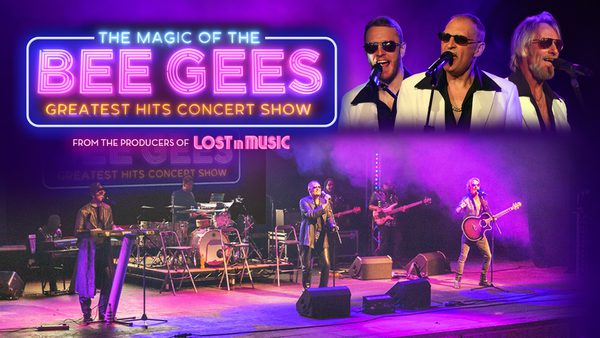 An image of a stage with the full Bee Gees trbute band performing. They are surrounded by pink haze and light, with the title 'The Magic of the Bee Gees. Greatest Hits Concert Show " above. A close up of the three singers sits above. They are wearing white jackets with a black trim