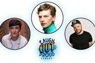 front left to right: Kate Martin, Joe Sutherland and Mark Cram are pictured in circular frames about the 'Laugh Out Proud' Logo. The logo includes the pride flag and a light blue background