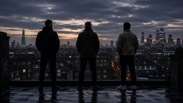The sihuettes of three men in dark trousers and jumpers, stood on an urban rooftop. They are facing away from the camera and looking out into a a dusky sky.