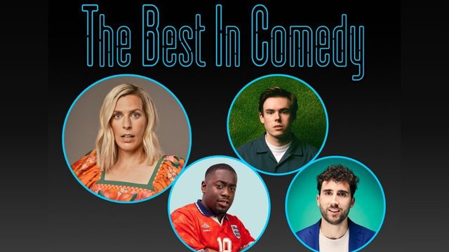 The words 'Best in Comedy' written in Blue on a black background. Comedians Sarah Pascoe, Phys James, Andrew Mensah and Steve Bugeja are pictures in separate circular frames underneath the title.