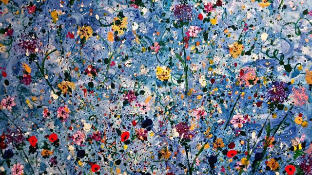 an abstract art piece of multicoloured wildflowers on a blue and white background