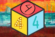 An abstract painted background in orange, blue and brown. In front is a dube shape with the number 4 in different fonts.