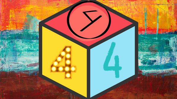 An abstract painted background in orange, blue and brown. In front is a dube shape with the number 4 in different fonts.