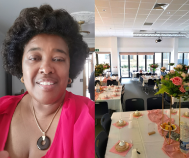 Split image showing a woman smiling at the camera on the left and an event space on the right. The woman has short curly hair and is wearing a bright pink top and a necklace. The event space features round tables set with pink napkins, gold-toned tableware, and tall floral centerpieces in a bright room with large windows.