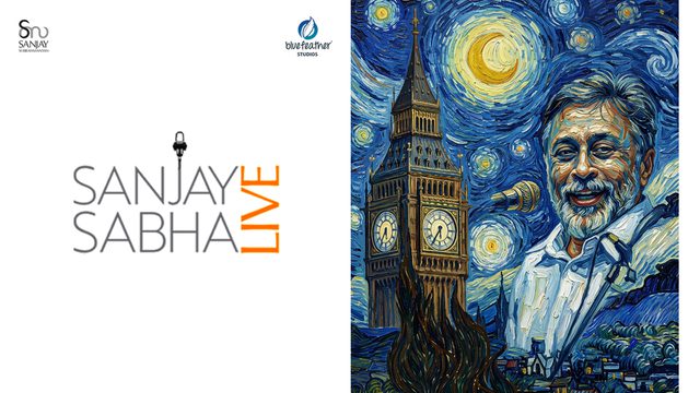 The show title 'Sanjay Sabha Live' is show in black and orange text on the left. A depiction of Sanjay Sabha in a Vincent Van Gogh artistic format is seen to the right.