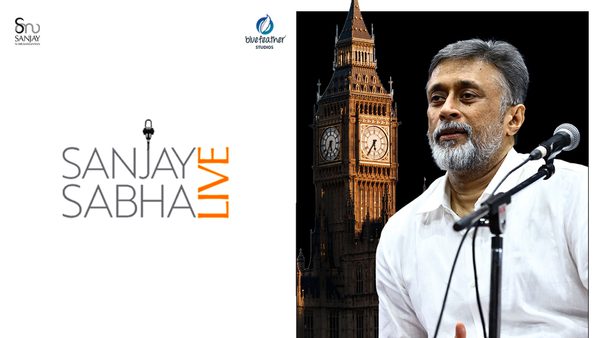 Sanjay Sabha is pictured on the right, stood behind a microphone with dark sky and Big Ben in the background. The title of the show is displayed to the left in black and orange font.