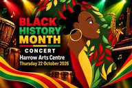 Poster for black history month concert featuring a woman with buntu knots, a saxophone, and vibrant colours.