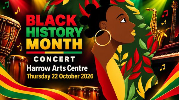 Poster for black history month concert featuring a woman with buntu knots, a saxophone, and vibrant colours.