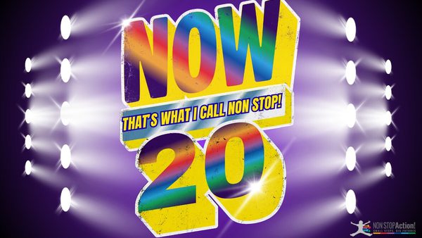 the words 'now that's what I call now 20' reads in large rainbow font with stage lights shining onto it from either side.