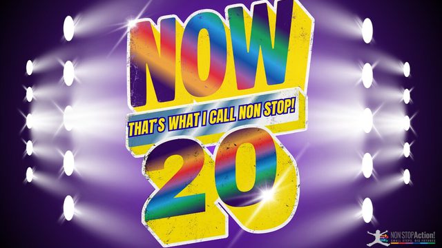 the words 'now that's what I call now 20' reads in large rainbow font with stage lights shining onto it from either side.