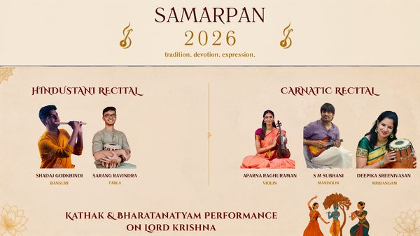 A beige background showing the title in red and gold: Samarpan 2026. images of artists Shadaj Godkhindi (bansuri), Sarang Ravindra (tabla), Aparna Raghuraman (violin), S M Subhani (mandolin) and Deepika Sreenivasen (mridangam) are below.