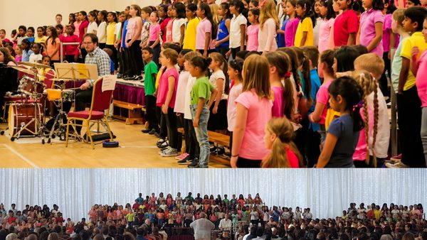 Two images of children's choirs, the singers are gathered together on tiered rows wearing brightly coloured t-shirts with a teacher accompanying on the drum kit.