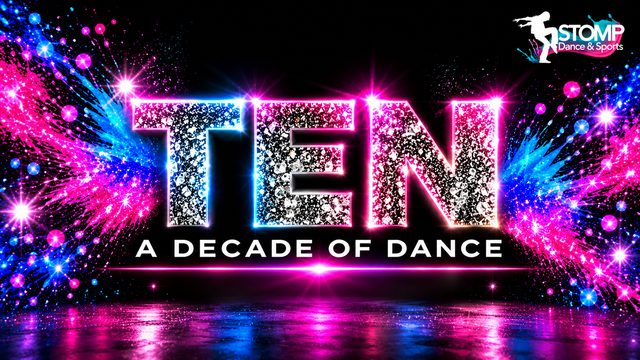 In sparkly silver caps, the show title 'TEN, A DECADE OF DANCE' is written in front of a black background. pink and blue neon lights are splattered in the background