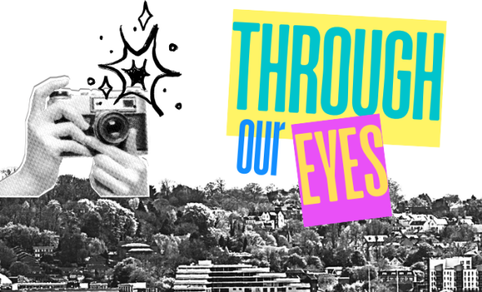 An old fashioned camera being clicked in the foreground. In the background is a black and white image of a city. The logo is on the right hand side with green, blue and yellow writing saying 'Through Our Eyes'.