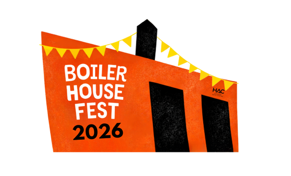 Logo of the 2026 HAC Boiler Festival showing an orange building with yellow bunting wrapped around it. Text Reads - Boiler House Fest 2026
