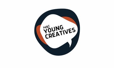 A black blob with a red blob inside and a white speech bubble also inside with the words Young Creatives and HAC logo in black text.