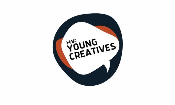 A black blob with a red blob inside and a white speech bubble also inside with the words Young Creatives and HAC logo in black text.