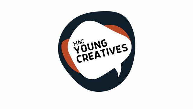 A black blob with a red blob inside and a white speech bubble also inside with the words Young Creatives and HAC logo in black text.