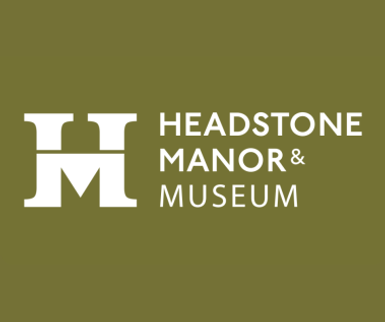 Khaki Square Background with a letter that's top half looks like the letter H and bottom part looks like the letter M. To the right of the letter is white font 'Headstone Manor and Museum'