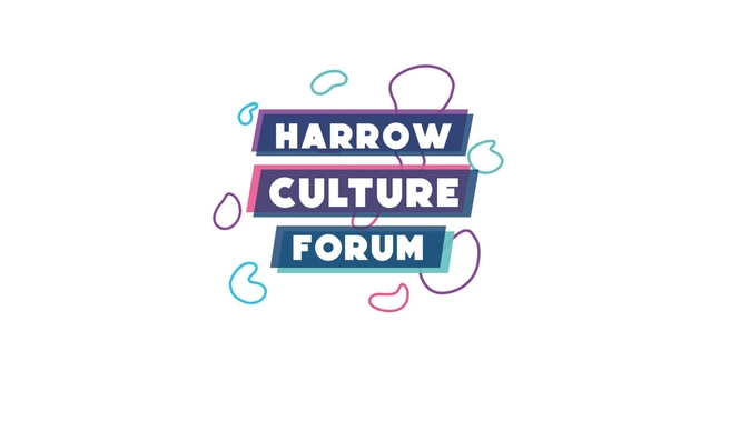 A logo with purple blue and pink assets that reads Harrow Culture Forum with colourful squiggles in the background.