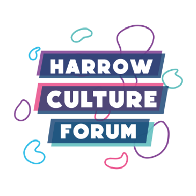 A logo with purple blue and pink assets that reads Harrow Culture Forum with colourful squiggles in the background.
