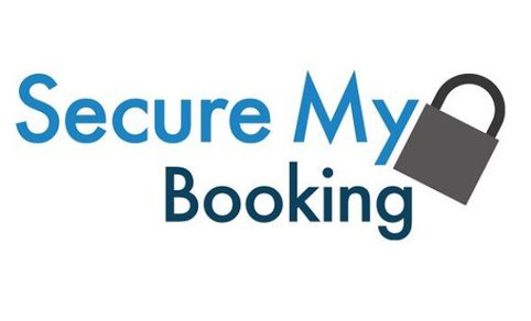 A white background with blue font that reads 'Secure My Booking' with a simple padlock tilted under the 'Y' in 'My'.