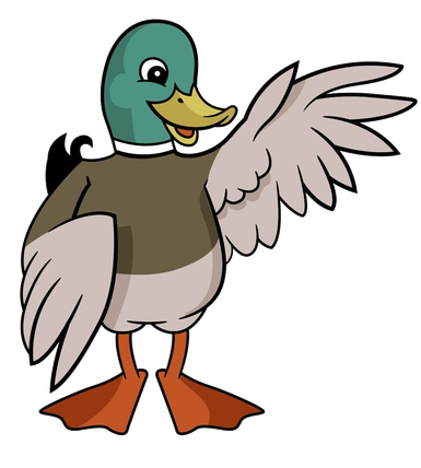 Cartoon Mallard with green head, yellow beak, beige body and orange feet using its right wing to point toward something.