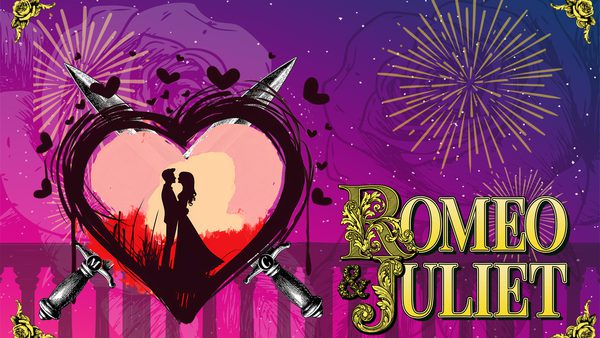 The words 'Romeo and Juliet' on a purple background with golden fireworks. A heart pierced by knives sits to the left of the image. Inside it is a silhouette of a couple in an embrace,