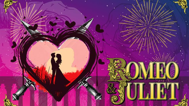 The words 'Romeo and Juliet' on a purple background with golden fireworks. A heart pierced by knives sits to the left of the image. Inside it is a silhouette of a couple in an embrace,