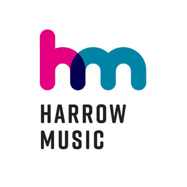 pink H and blue M next to each other and underneath, black text which says 'Harrow Music'