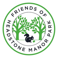 a cartoon squirrel about to pick up a green acrorn with green trees in the background, and the words 'Friends of Headstone Manor Park' in a circle around the image